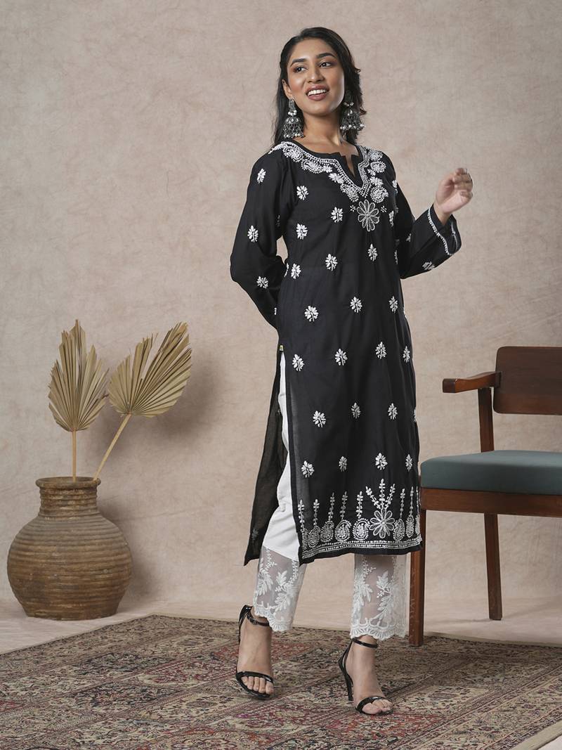 Hand Crafted Black Cotton Lucknowi Chikankari Indian Women Kurta