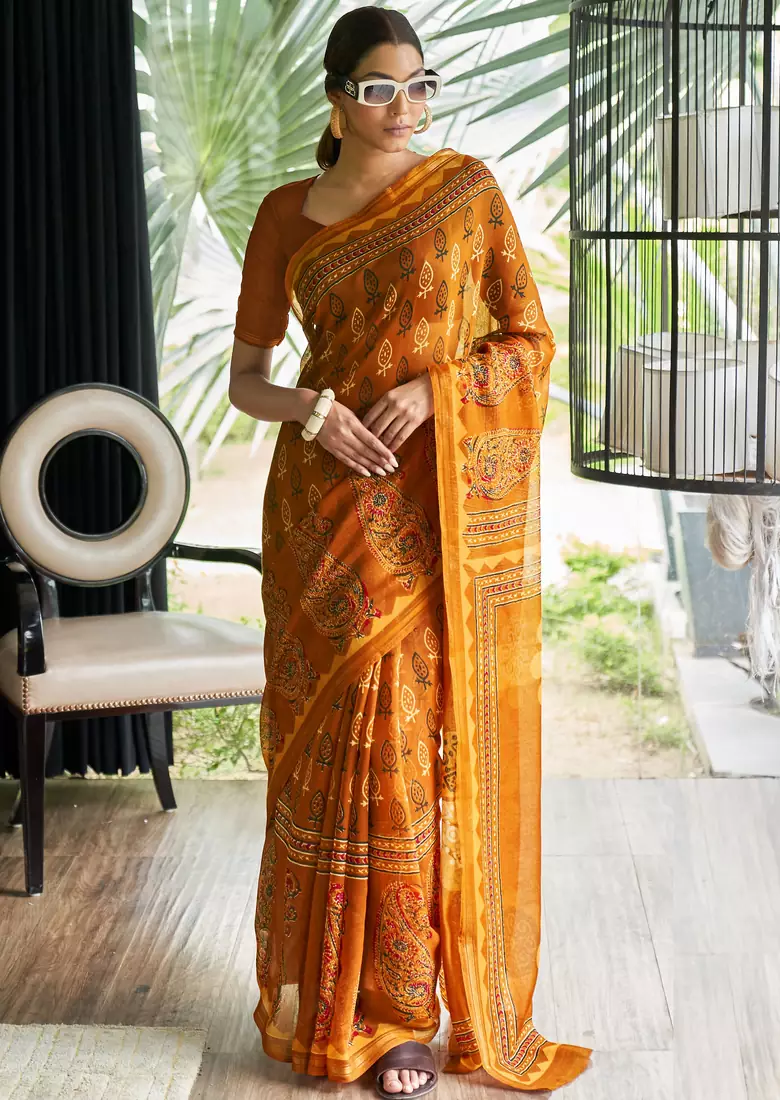 Yellow printed cotton saree with blouse