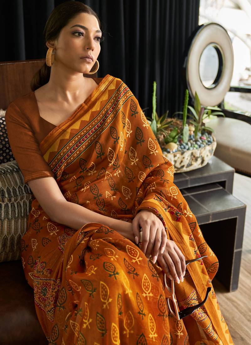 Yellow printed cotton saree with blouse