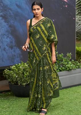 Green printed cotton saree with blouse 1
