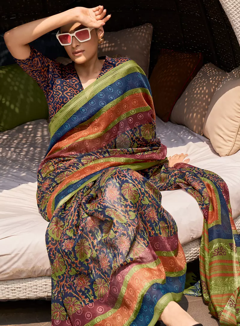 Black printed cotton saree with blouse