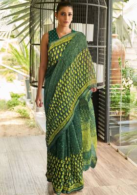Green printed cotton saree with blouse 1