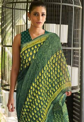 Green printed cotton saree with blouse 2