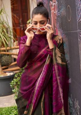 Purple printed cotton saree with blouse 2