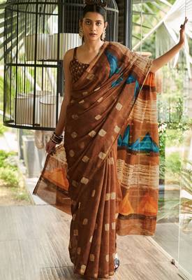 Brown printed cotton saree with blouse 1