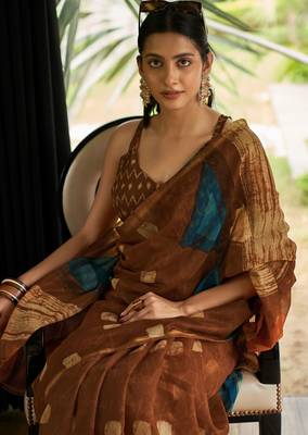 Brown printed cotton saree with blouse 2