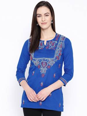 Ada Hand Embroidered Royal Blue Cotton Lucknow Chikan Kurti - A150702 1