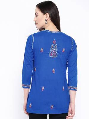 Ada Hand Embroidered Royal Blue Cotton Lucknow Chikan Kurti - A150702 2