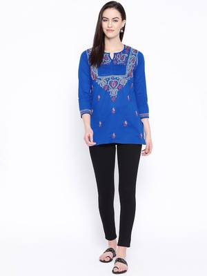 Ada Hand Embroidered Royal Blue Cotton Lucknow Chikan Kurti - A150702 3
