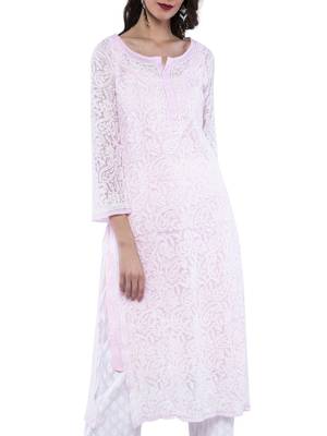 Ada Hand Embroidered Pink Georgette Lucknowi Chikankari Kurta - A158881 3