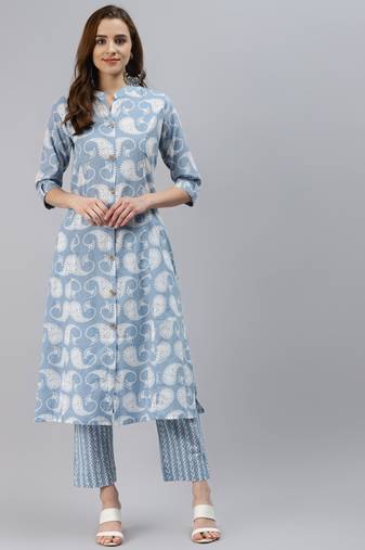 Blue block print cotton salwar