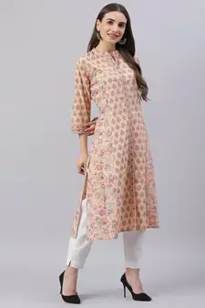 Peach printed cotton ethnic-kurtis