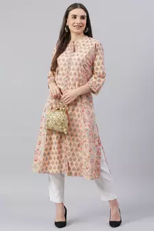 Peach printed cotton ethnic-kurtis