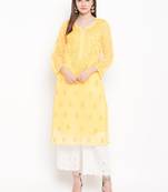 Ada Hand Embroidered Yellow Georgette Lucknowi Chikankari Kurta With Slip - A130754