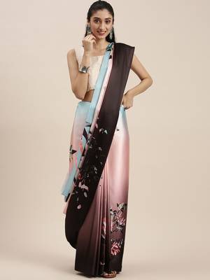 Kimisha Peach Satin Printed Saree With Unstitched Blouse 1