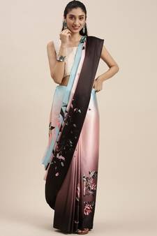 Kimisha Peach Satin Printed Saree With Unstitched Blouse