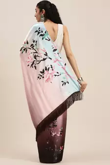 Kimisha Peach Satin Printed Saree With Unstitched Blouse