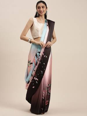 Kimisha Peach Satin Printed Saree With Unstitched Blouse 3