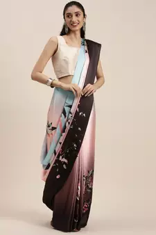 Kimisha Peach Satin Printed Saree With Unstitched Blouse
