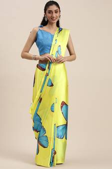 Women'S Yellow Satin Printed Saree With Unstitched Blouse