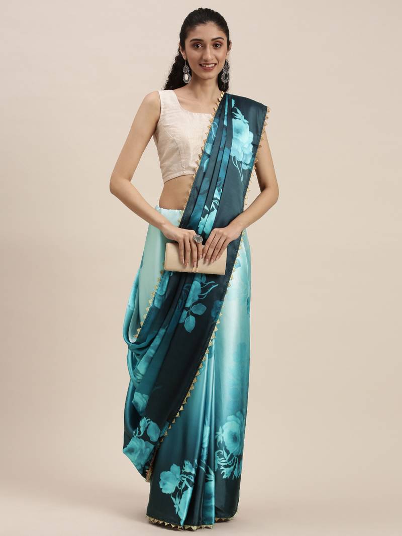 Kimisha Women's Light Blue Satin Printed Saree With Unstitched Blouse