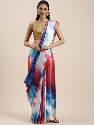 Women'S Fuchsia Pink Satin Tie & Dye Saree With Unstitched Blouse 1
