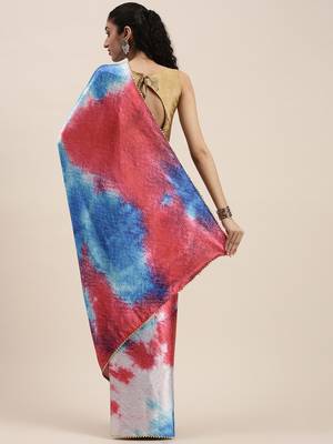 Women'S Fuchsia Pink Satin Tie & Dye Saree With Unstitched Blouse 2