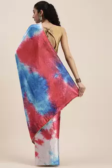 Women'S Fuchsia Pink Satin Tie & Dye Saree With Unstitched Blouse