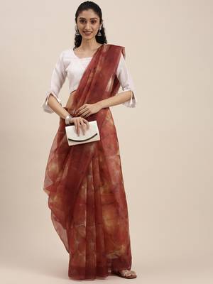 Women'S Red Orange Organza Digital Printed Saree With Art Silk Blouse Piece 1