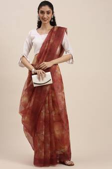 Women'S Red Orange Organza Digital Printed Saree With Art Silk Blouse Piece