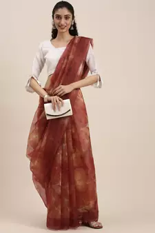 Women'S Red Orange Organza Digital Printed Saree With Art Silk Blouse Piece