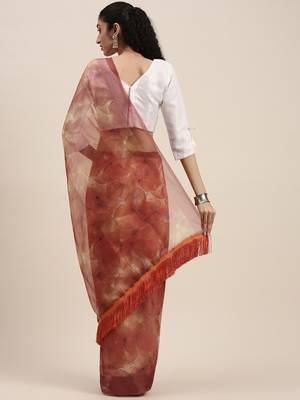 Women'S Red Orange Organza Digital Printed Saree With Art Silk Blouse Piece 2
