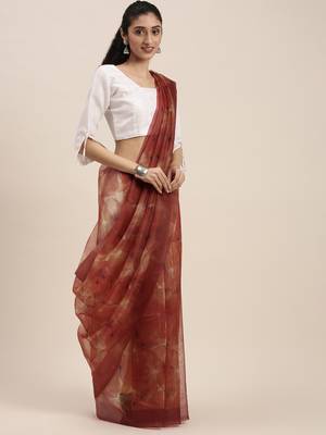Women'S Red Orange Organza Digital Printed Saree With Art Silk Blouse Piece 3