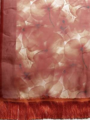 Women'S Red Orange Organza Digital Printed Saree With Art Silk Blouse Piece 4