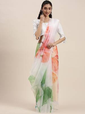 Women'S White Organza Printed Saree With Fancy Tassels In Pallu 1