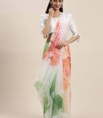 Women'S White Organza Printed Saree With Fancy Tassels In Pallu
