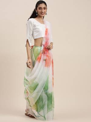 Women'S White Organza Printed Saree With Fancy Tassels In Pallu 3