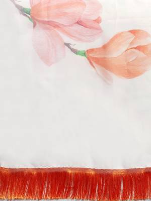 Women'S White Organza Printed Saree With Fancy Tassels In Pallu 4