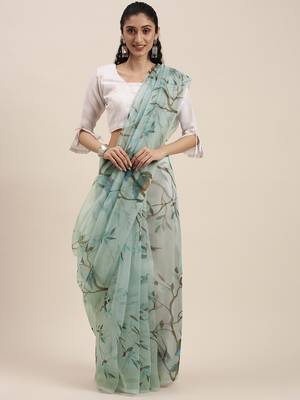 Women'S Turquoise Organza Printed Saree With Fancy Tassels In Pallu 1