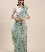 Women'S Turquoise Organza Printed Saree With Fancy Tassels In Pallu