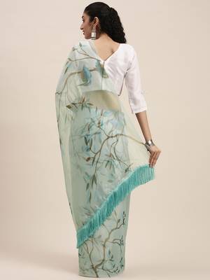 Women'S Turquoise Organza Printed Saree With Fancy Tassels In Pallu 2
