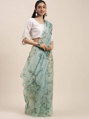 Women'S Turquoise Organza Printed Saree With Fancy Tassels In Pallu 3
