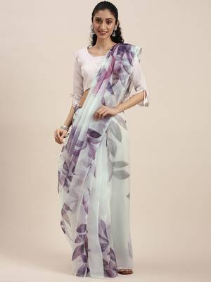 Kimisha Women'S White&Purple Organza Printed Saree With Fancy Tassels In Pallu 1