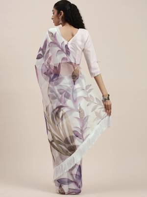 Kimisha Women'S White&Purple Organza Printed Saree With Fancy Tassels In Pallu 2