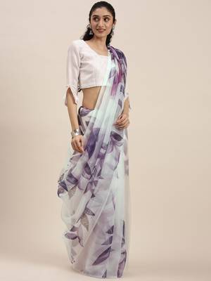 Kimisha Women'S White&Purple Organza Printed Saree With Fancy Tassels In Pallu 3