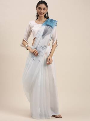 Women'S White&Sky Blue Organza Printed Saree With Fancy Tassels In Pallu 1