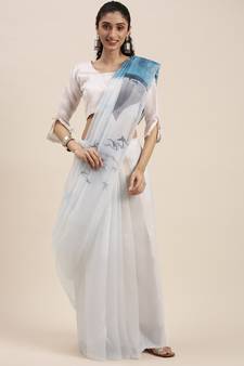 Women'S White&Sky Blue Organza Printed Saree With Fancy Tassels In Pallu