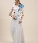 Women'S White&Sky Blue Organza Printed Saree With Fancy Tassels In Pallu