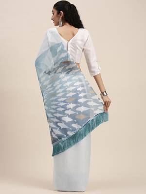 Women'S White&Sky Blue Organza Printed Saree With Fancy Tassels In Pallu 2