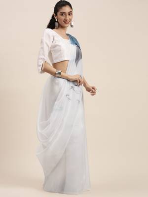 Women'S White&Sky Blue Organza Printed Saree With Fancy Tassels In Pallu 3